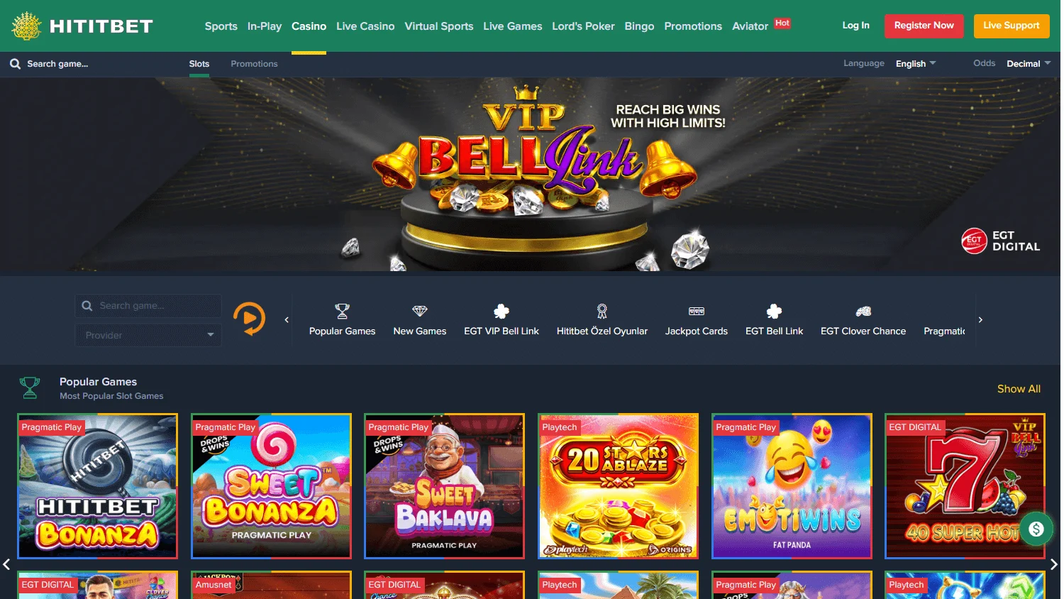 Hititbet slots and live games